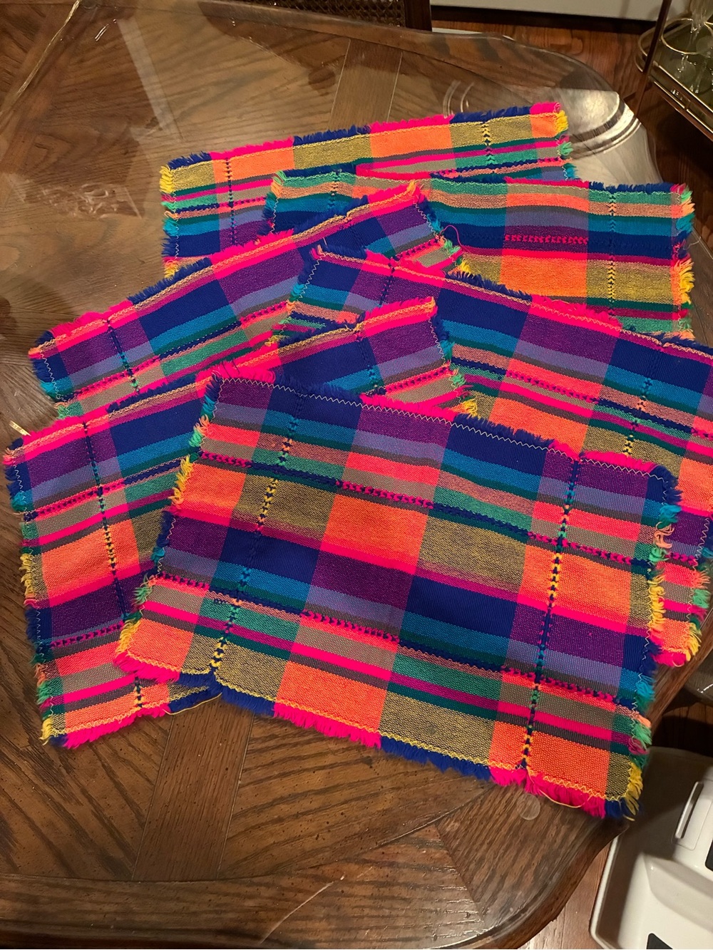 SIX (6) Bright Multicolor Plaid Cotton Napkins/Placemats